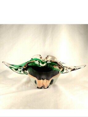 12" Vintage Murano Style Emerald Green & Blush Art Studio Glass Bowl